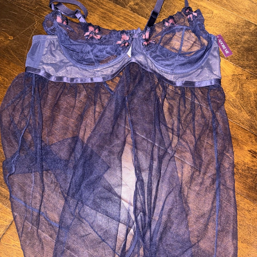 Adore Me Purple Sheer Chemise with Floral Detail